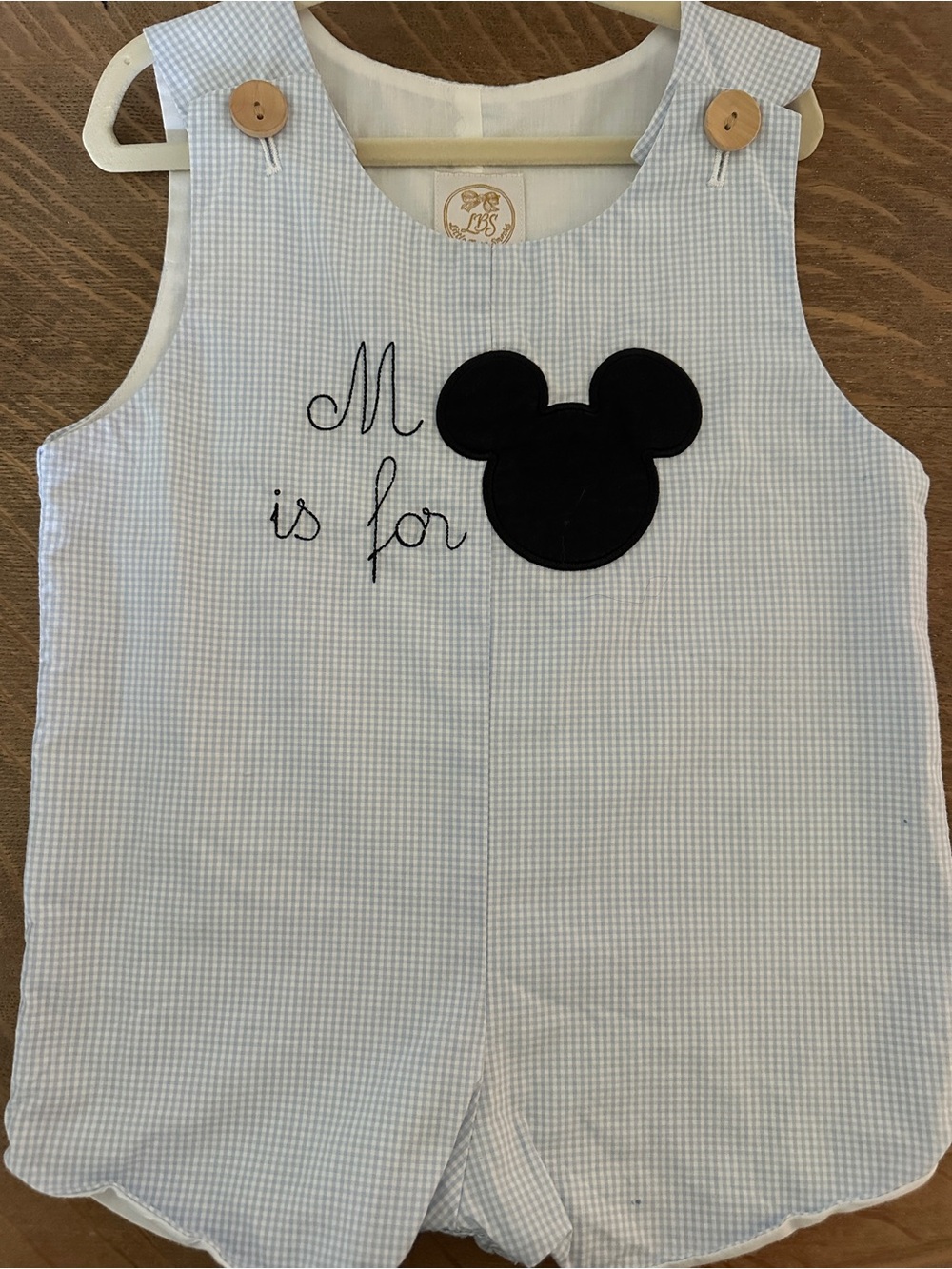 LBS Light Blue Gingham Kids Romper with Mickey Appliqué